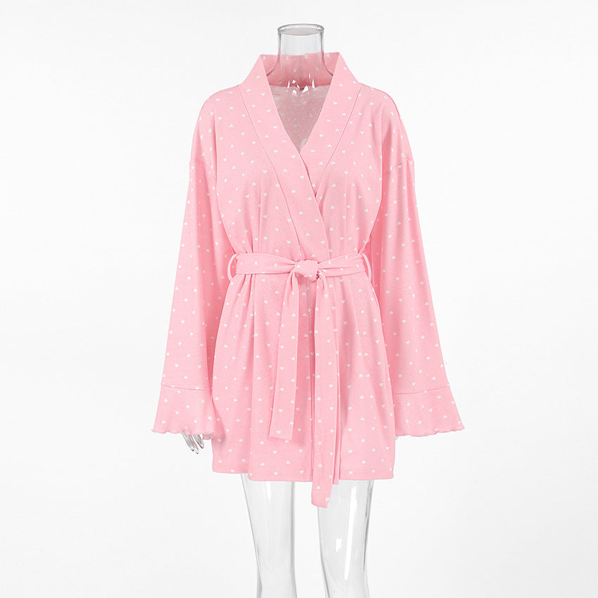 LOVECCR 2025 long-sleeved ruffle edge nightgown winter warm pink love print loungewear hot-selling knitted women's pajamas