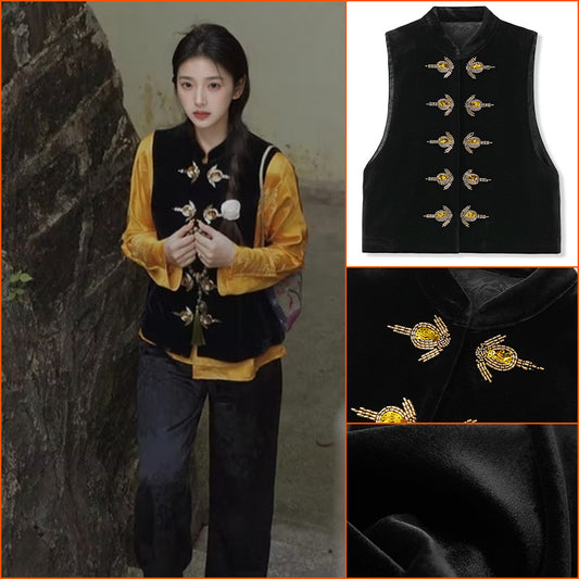 Solid color national style sequins simple vest new Chinese temperament high sense light luxury new black top women M6043