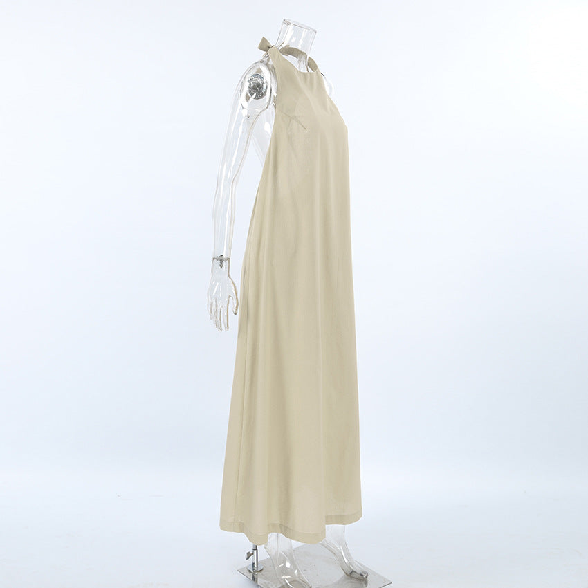 2025 Casual sexy summer lace-up halter fashion dress long dress Russian cotton and linen breathable khaki long dress women's clothing