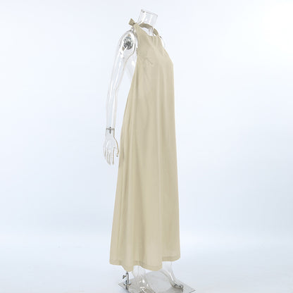 2025 Casual sexy summer lace-up halter fashion dress long dress Russian cotton and linen breathable khaki long dress women's clothing