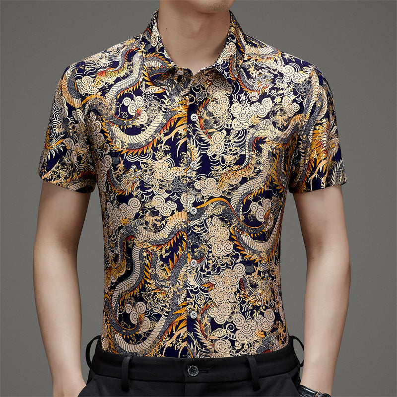 Middle-Aged Men's Summer Short Sleeve Printed Shirt Loose Non-Ironing Casual Half Sleeve Ice Silk Shirt Bronzing Thin Top Fashion