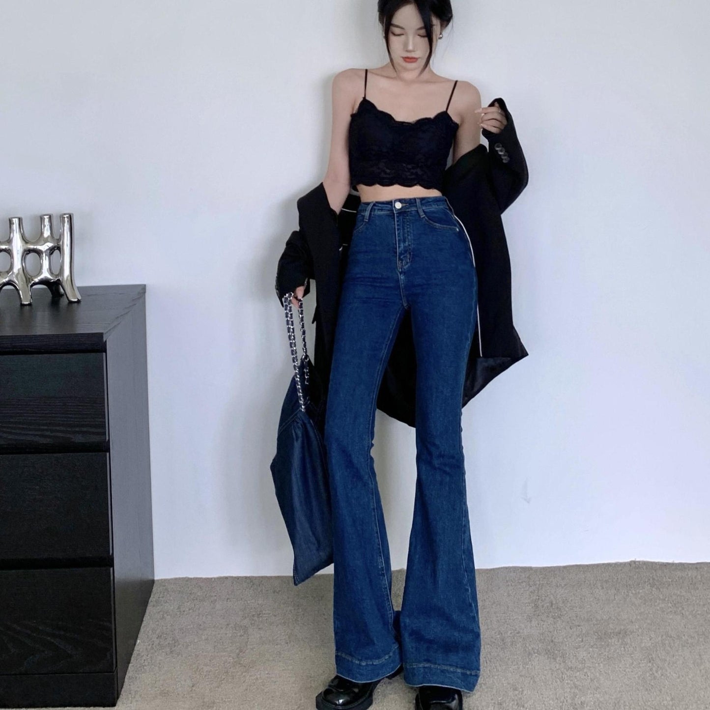 American Retro Dark Blue High Waist Flared Pants Women's Autumn and Winter Elastic Slim Fit Slimming Hip Raise Skinny Skinny Jeans