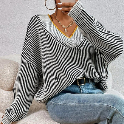 Popular, ,  autumn and winter V-neck loose and thin bat sleeve sweater striped contrasting color pullover knitted sweater top