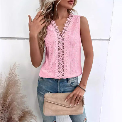2025 Popular, ,  Popular trade New women's clothing summer new V-neck splicing hollow lace vest T top women