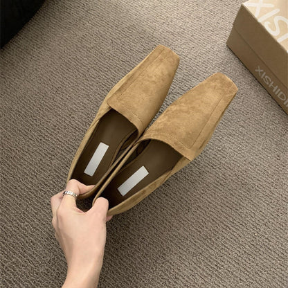 2025  Retro suede square head deep mouth flat sole single shoes popular spring and autumn new simple and versatile loafers commuter small leather shoes