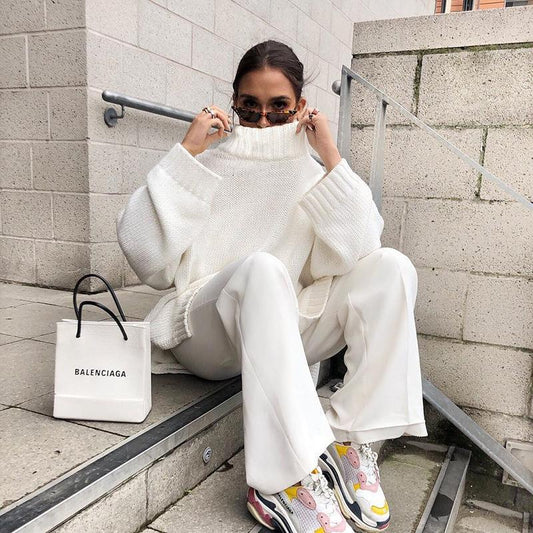 New Popular trade fashion women's clothing autumn and winter pullover long-sleeved loose sweater solid color turtleneck knitted sweater women