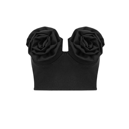LOVECCR Premium summer  new women's three-dimensional flower black tube top halter top Spice girl elastic bandage