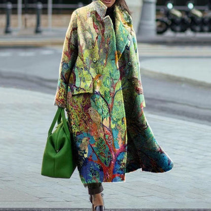 2025 New new Popularan, 2025n autumn Popular trade women's clothing  long-sleeved lapel jacket printed woolen large-size trench coat