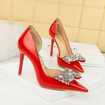 LOVECCR 2025 638-H20 Korean version banquet high heels thin heel shallow mouth pointed side hollow patent leather rhinestone bow single shoes women