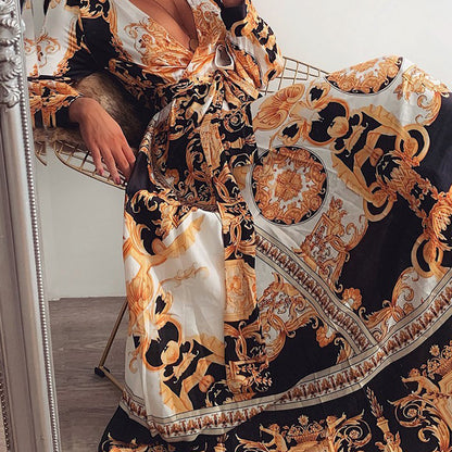 2025 New New evening dress 2025 printed dress V-neck pullover retro long-sleeved big swing split long dress