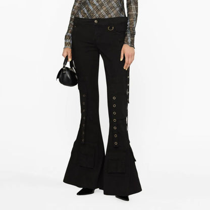 2025 spring new high-waisted horn trousers tooling style slim and thin versatile streamer decorative mopping casual pants