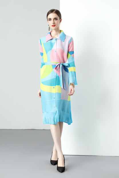 Pleated printed dress new  spring and autumn lapel single-breasted cardigan large size waist strap medium and long dress
