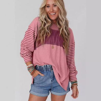 2025 Popular, ,  New women's clothing spring and autumn new pullover round neck casual striped contrasting color long-sleeved t-shirt women