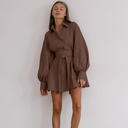 2025  autumn  long-sleeved short skirt temperament commuter shirt skirt pure cotton niche dress fashionable Popular trade women's clothing
