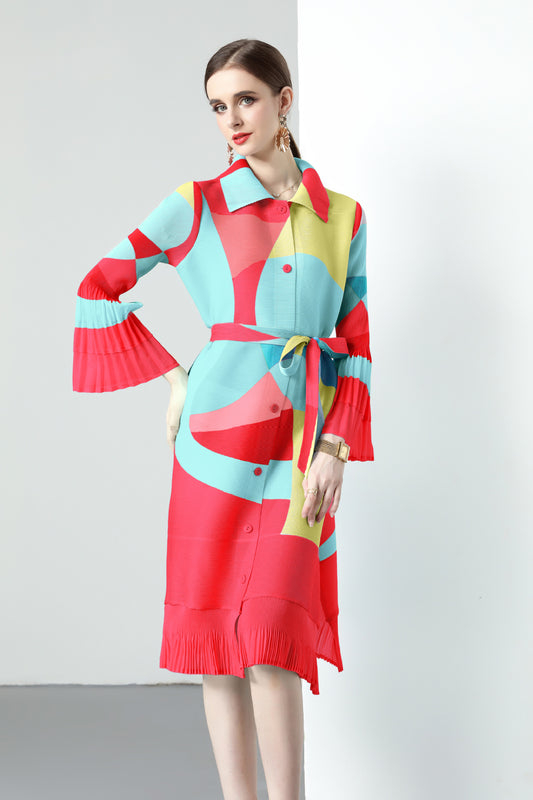 Pleated printed dress new  spring and autumn lapel single-breasted cardigan large size waist strap medium and long dress