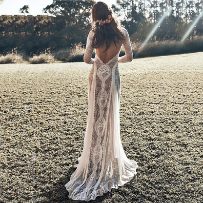 Spring New  Women's Dress Crew Neck Long Sleeve Hollow Backless Lace Celebrity Banquet Wedding Dress