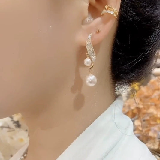 Temperament Design Sense Full Diamond Pearl Earrings Light Luxury Fashion Silver Needle Earrings 2025 New Trendy Personality Versatile Earrings