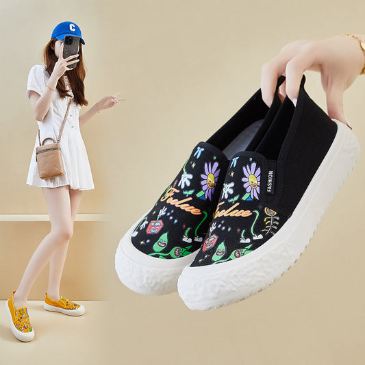 new summer canvas shoes women's thick soles increase in height lazy one pedal printing breathable casual street shot FB5508