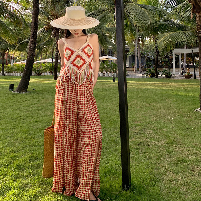 2025 Loose wide-leg pants women's summer Thailand vacation trousers high waist lazy drop pants plaid split drape floor pants