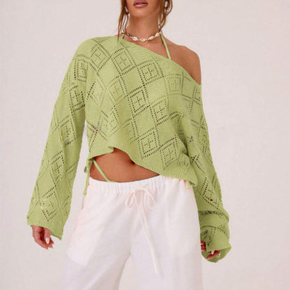 spring new  New  knitted top women's clothing sexy hollow loose long-sleeved sweater women