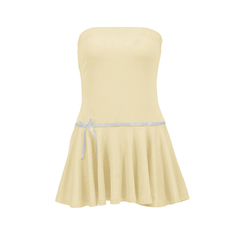 LOVECCR 2025 AC109  summer New new tube top sexy girl apricot waist bow pleated dress women