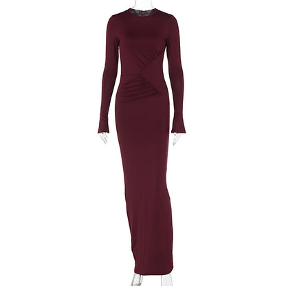 LOVECCR style cross-border women's clothing  summer new fashionable solid color round neck personalized pleated slim-fitting long-sleeved dress