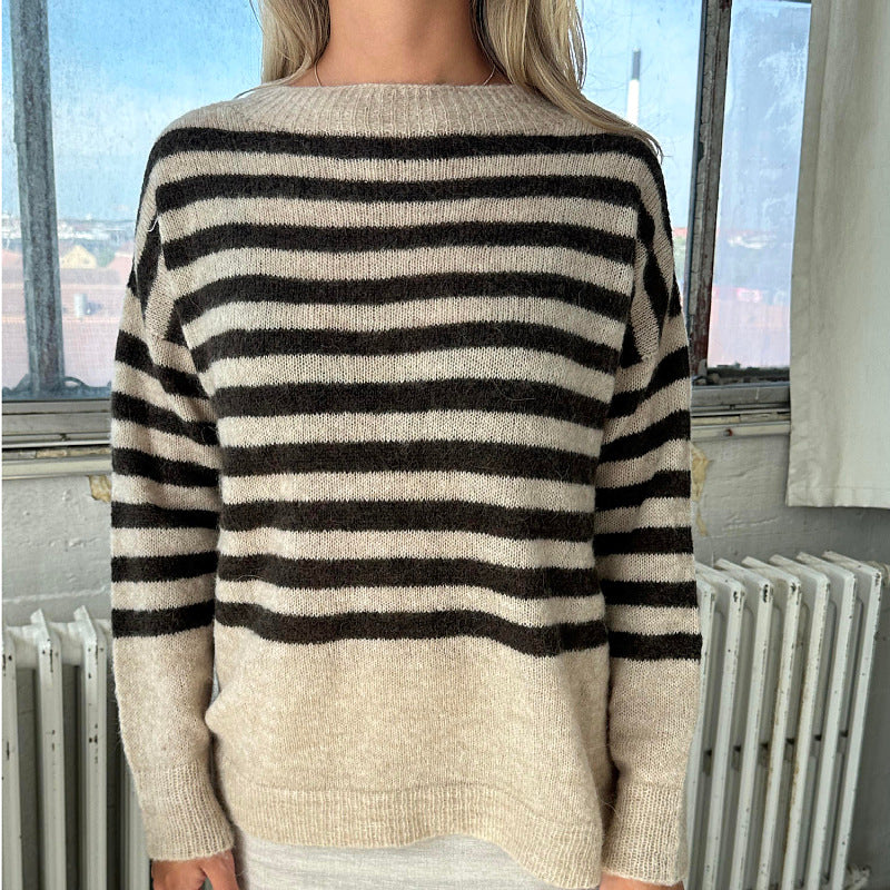 New spring new knitted sweater women's high-end casual loose lazy style women's striped sweater women
