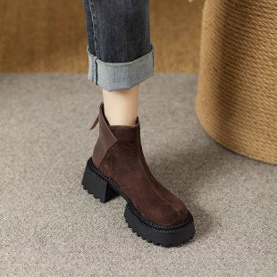 2025  Brown retro round head platform short boots popular autumn and winter new matte heightening versatile thick heel Martin boots women