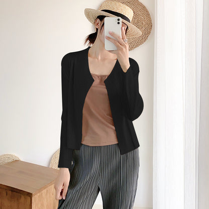 2025 Small cardigan jacket women's short thin and versatile spring and autumn women's clothing outer pleated textured top high-end sense