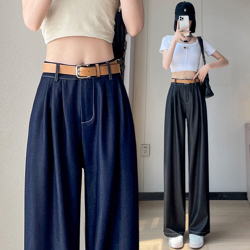 Dark Blue Lyocell Jeans Women's Thin 2024 New Summer Loose Ice Silk Wide-Leg Pants Retro Draped Pants