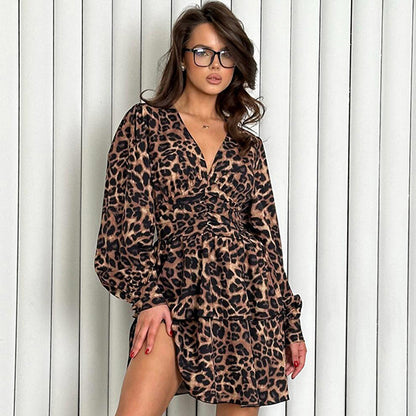 2025 loose V-neck A pendulum ruffle leaf edge leopard print dress popular autumn fashion new wholesale printed short skirt women