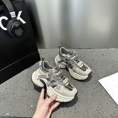 2025 new spring and summer popular small man height increase casual sports shoes rhinestone platform leather dad shoes women