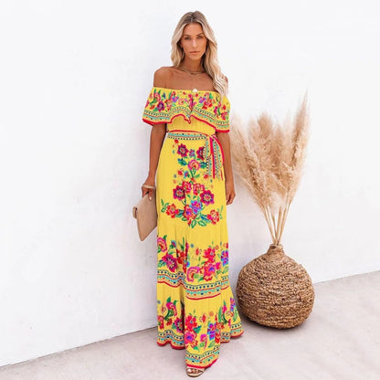 2025 Popularan, n spring and summer independent station 's new one-word shoulder red flower printing long pendulum dress