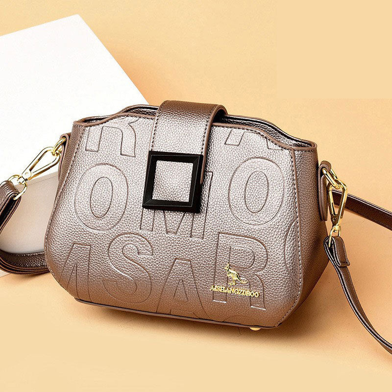 2025 Bag popular New Fashion Letter Embossed Shoulder Bag Simple Square Buckle Middle-aged Mom Bag Wide Shoulder Strap Crossbody Bag