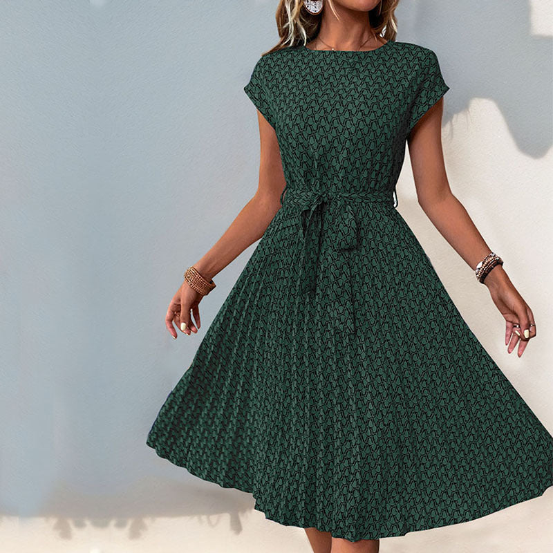 LOVECCR Summer short-sleeved lace-up pleated dress  temu hot sale fashionable women's clothing elegant temperament simple skirt