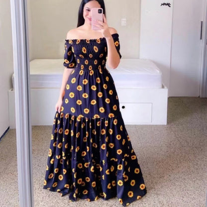 New new spring and summer  women's clothing dress, one-word shoulder floral fashion off-the-shoulder long, printed skirt