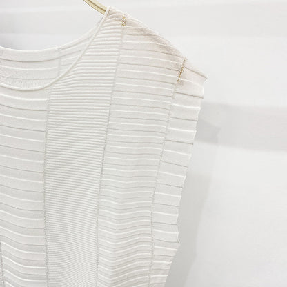 Miyake summer breathable solid color knitted sweater fashionable sleeveless T-shirt loose waist striped thin casual top women's summer