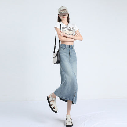 Lyocell Denim Skirt Women's Summer Thin High Waist Loose Split Ice Silk A- line Medium Long Sheath Skirt