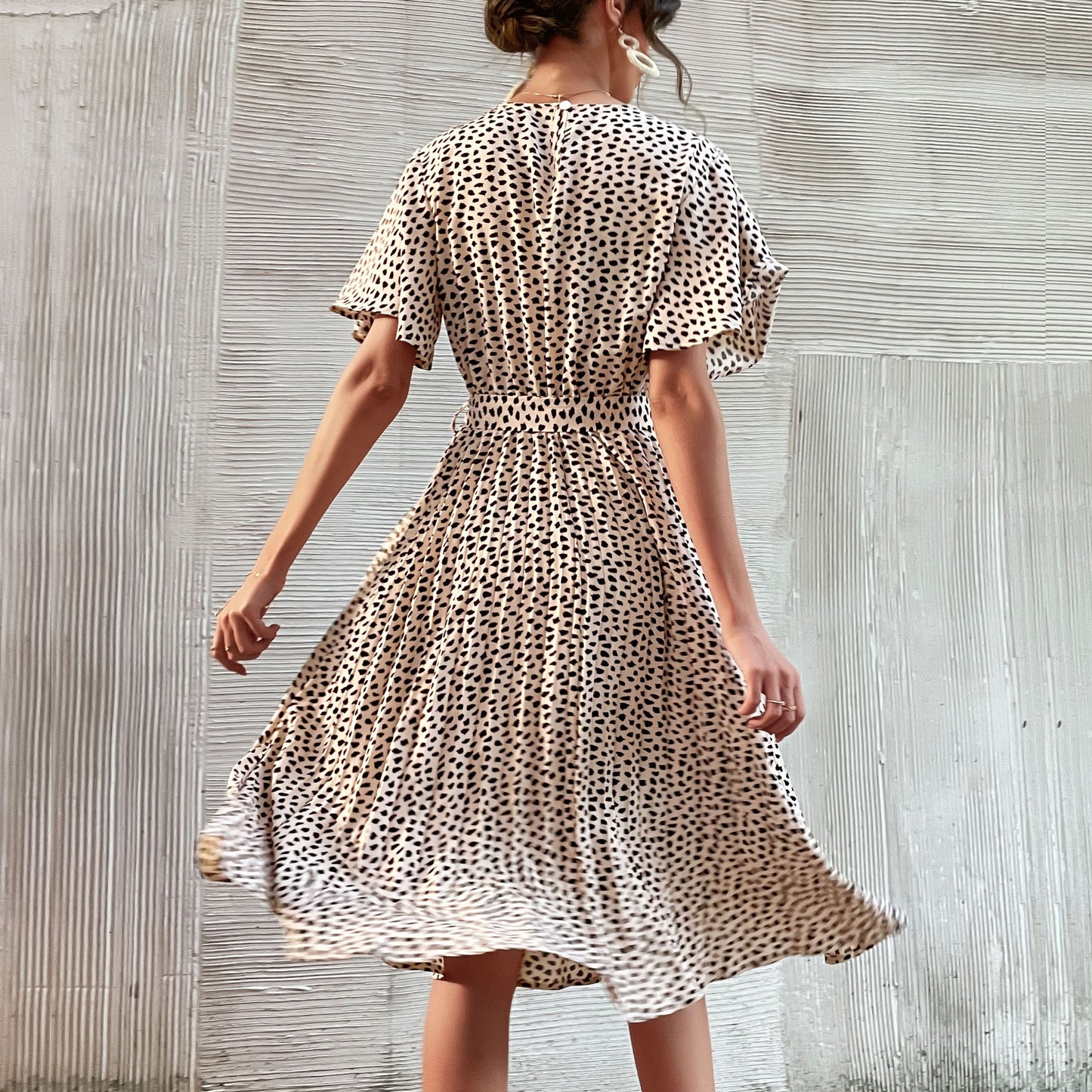LOVECCR women's clothing Hot new summer lotus leaf sleeve leopard print dress 2025 lace-up pleated dress