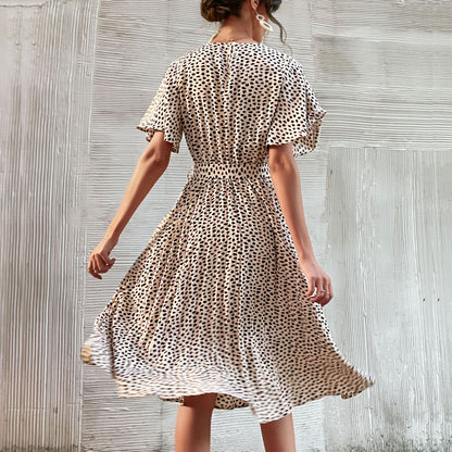 LOVECCR women's clothing Hot new summer lotus leaf sleeve leopard print dress 2025 lace-up pleated dress