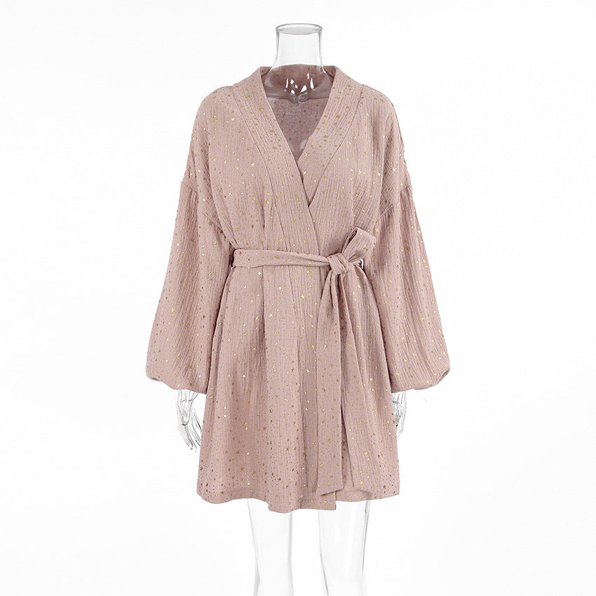 LOVECCR 2025 Bronzing pure cotton long-sleeved nightgown  New winter pajamas short fashion New women's loungewear can be wholesale