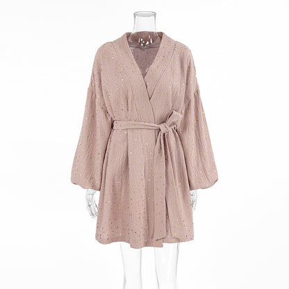 LOVECCR 2025 Bronzing pure cotton long-sleeved nightgown  New winter pajamas short fashion New women's loungewear can be wholesale