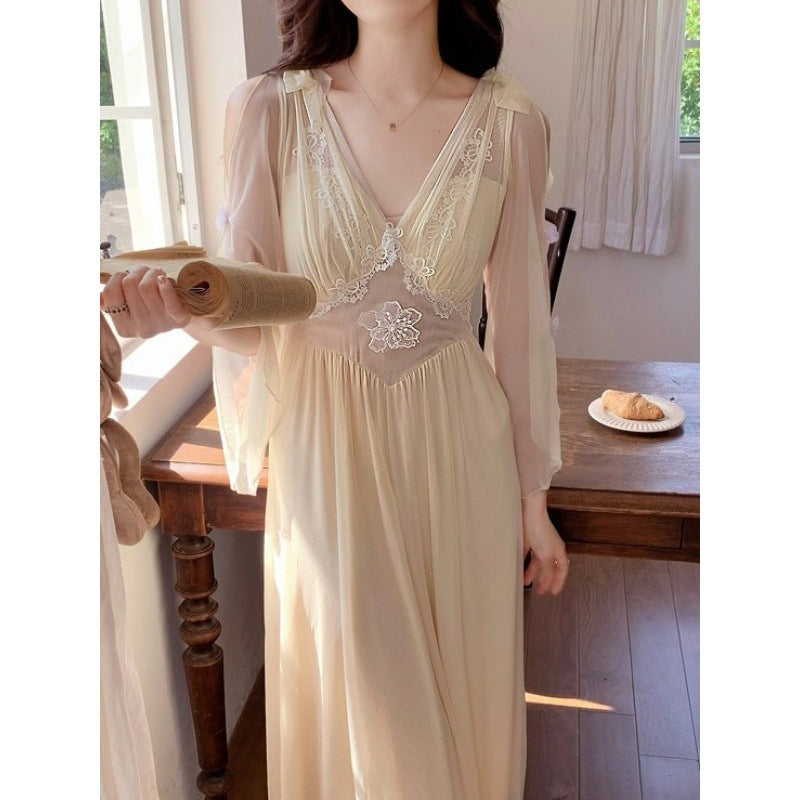 2025 Pure desire wind nightdress women's summer new short-sleeved skirt fairies can wear sexy high-end morning robe mesh court style