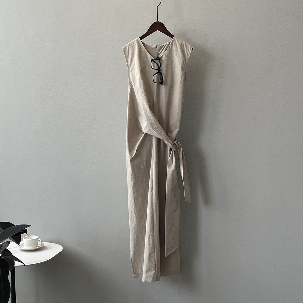 Yan Shuangfu Waist Belt Sleeveless Dress  Summer New Design Sense Tea Break  A- line Dress 9098