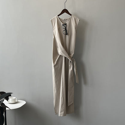 Yan Shuangfu Waist Belt Sleeveless Dress  Summer New Design Sense Tea Break  A- line Dress 9098