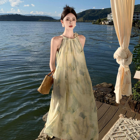 2025 New Chinese sleeveless smudge neck dress women's summer 2025 new high-end off-the-shoulder seaside vacation dress