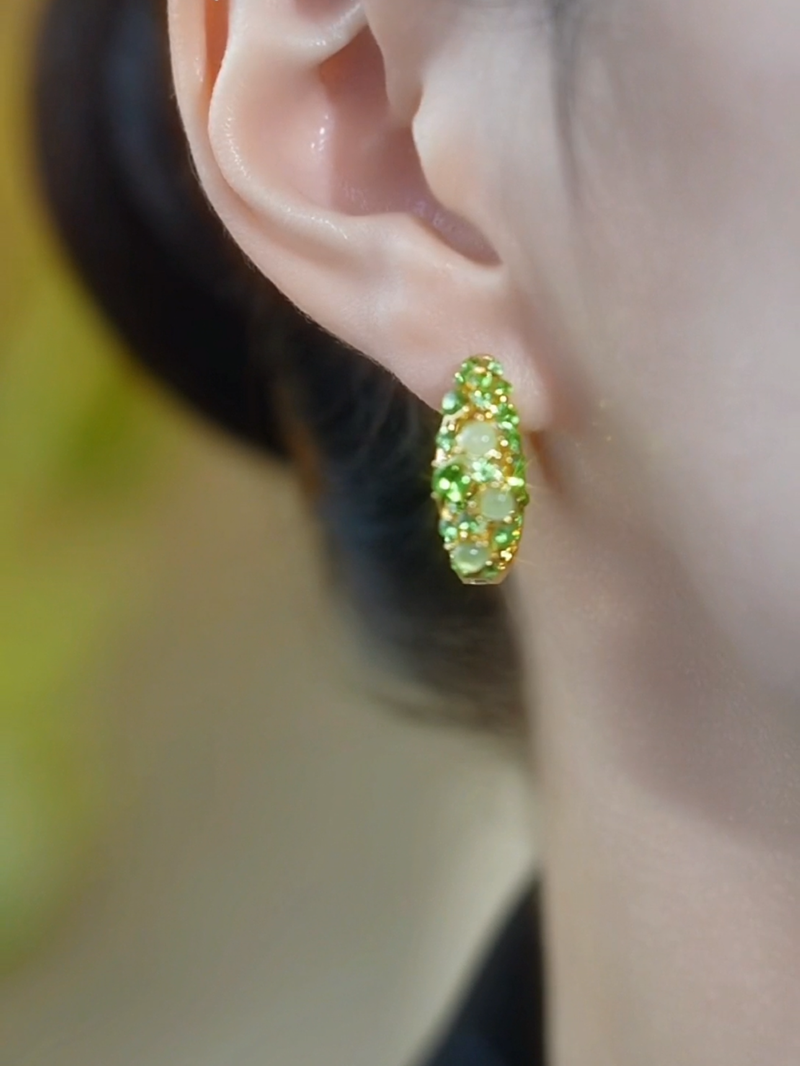 Temperament Fashion Green Full Diamond Opal Circle Earrings Niche Design Versatile Earrings Ear Buckles Temperament Earrings