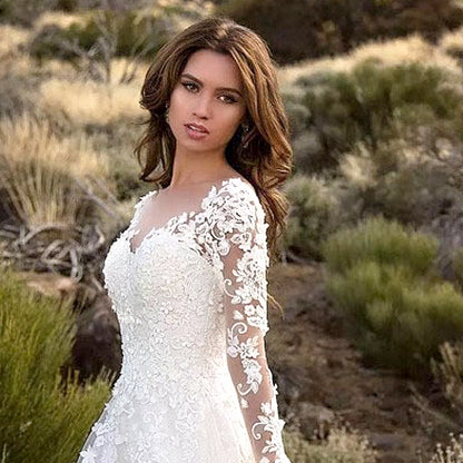 2025 New 2025 Women's Clothing  Dress Long Sleeve Solid Color Perspective Lace Bridal Wedding Dress