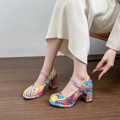 2025 2025 style round head high heels women's 2025 summer new one-word buckle with waterproof table thick heel temperament large size sandals