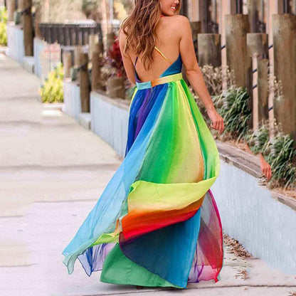 spring and summer new,  New Popular trade women's New new suspender sexy deep V rainbow chiffon suspender dress